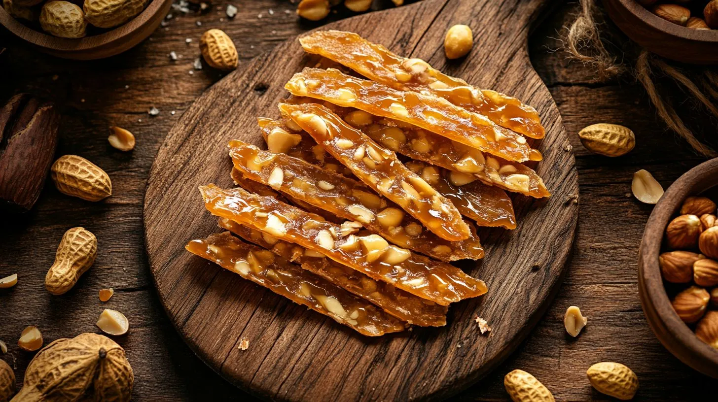 Golden brittle candy shards on a rustic wooden board.