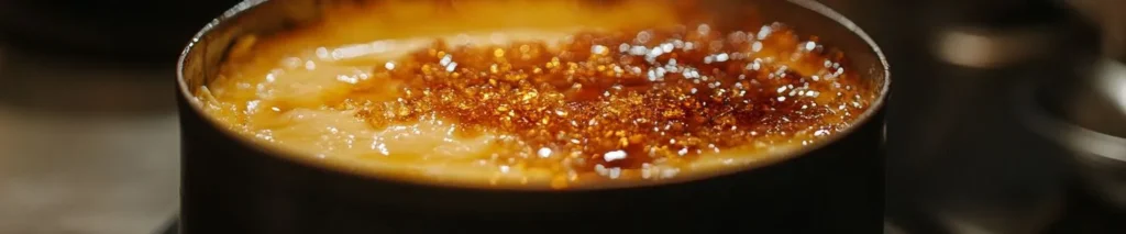 Torched sugar topping on crème brûlée.