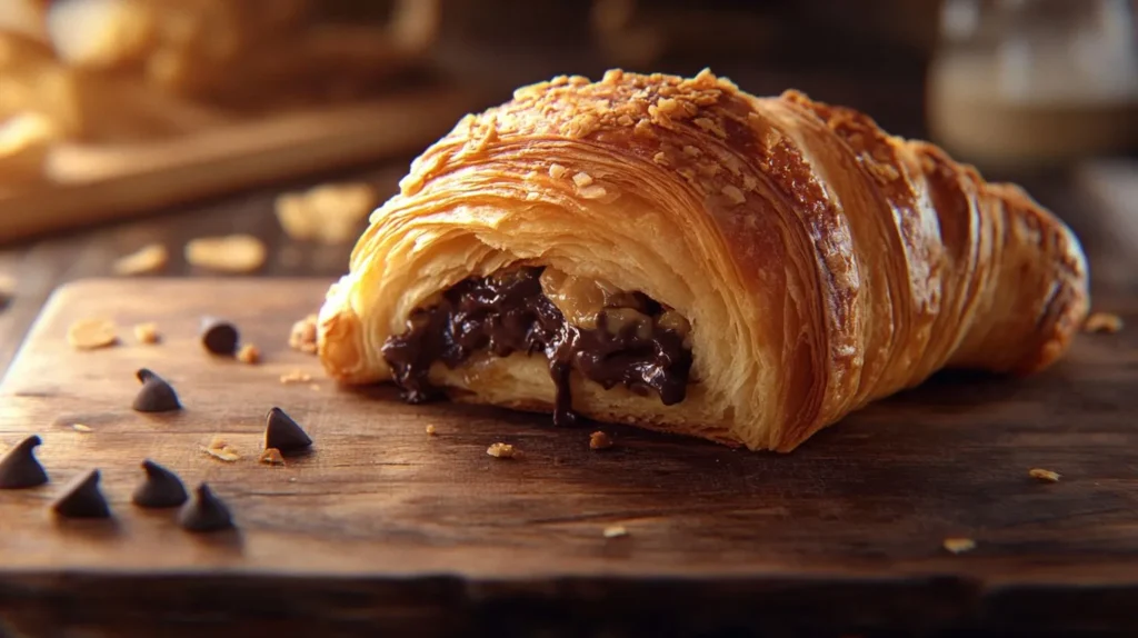 Flaky cookie croissant with melted chocolate filling