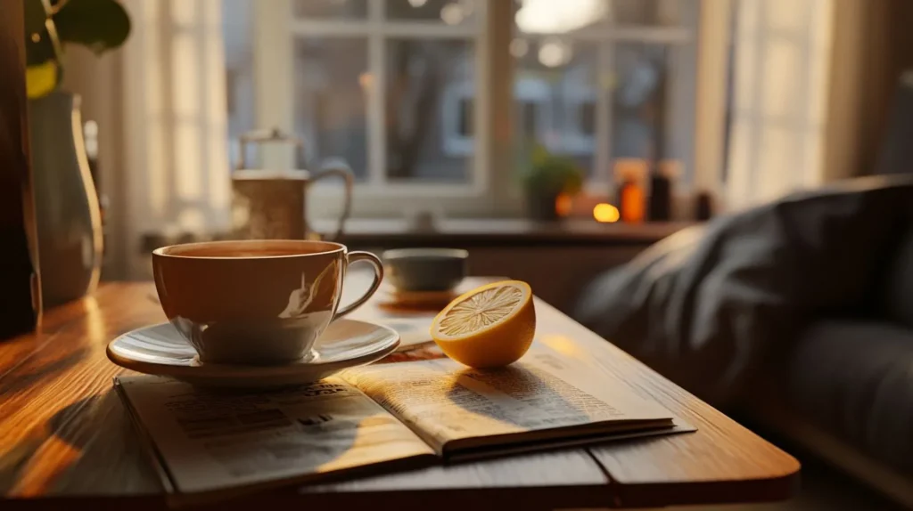 A cup of lemon tea in a cozy morning and evening setting.