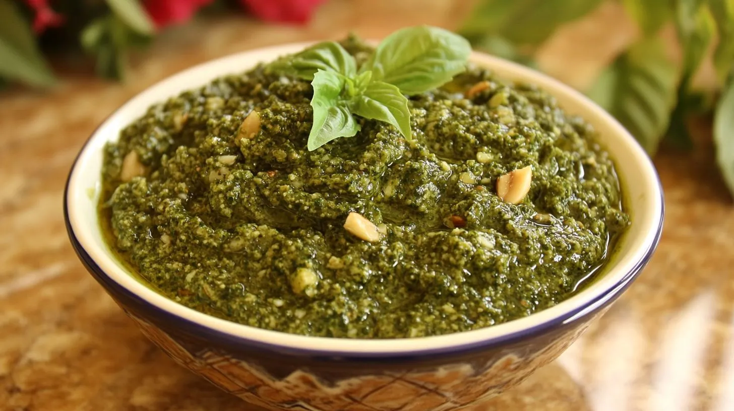 Bowl of walnut pesto with fresh basil and pasta