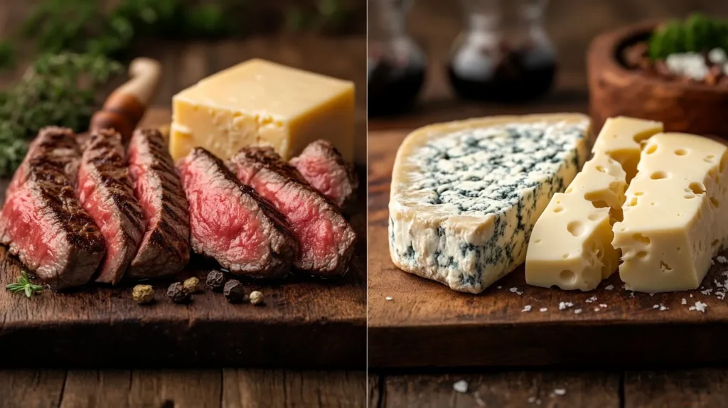 A variety of cheeses displayed with steak on a wooden board.