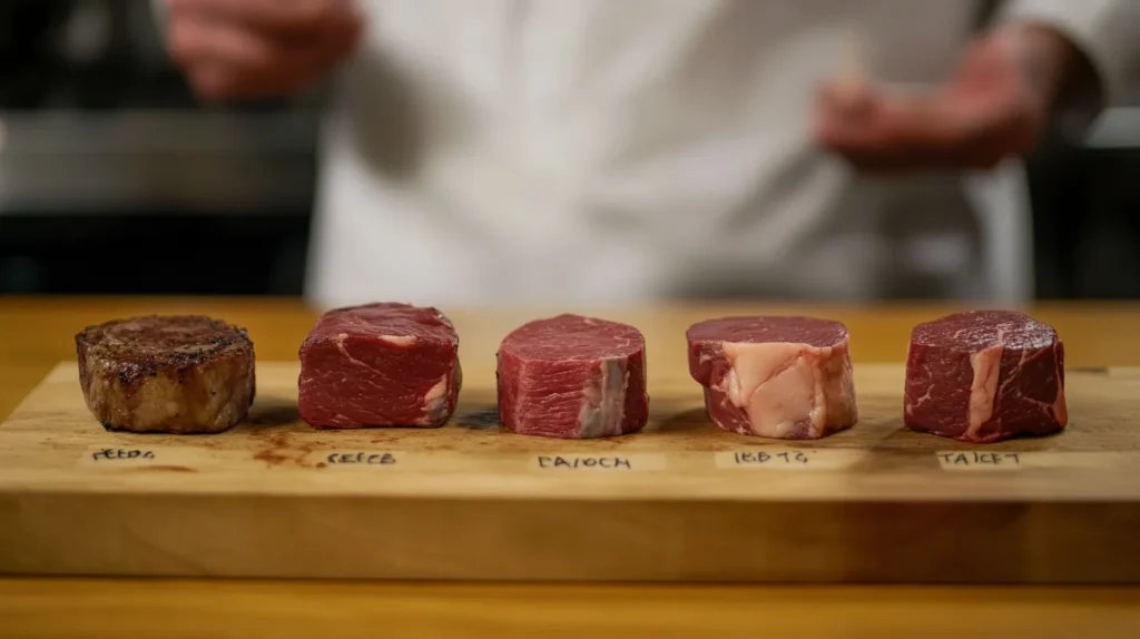 Various steak cuts ideal for cooking well-done on a butcher block