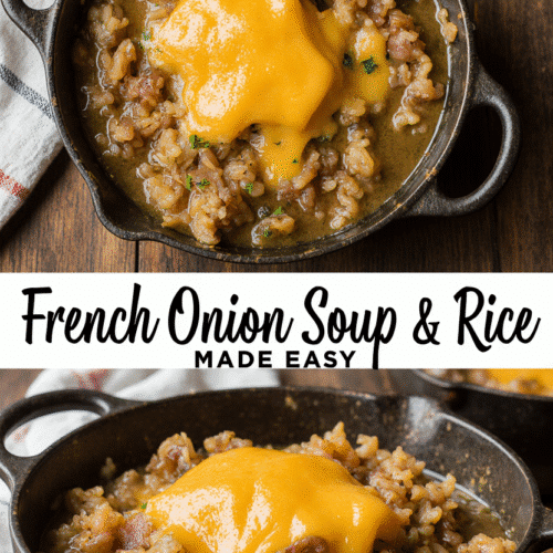 French onion soup rice topped with melted cheese and caramelized onions in a rustic bowl.