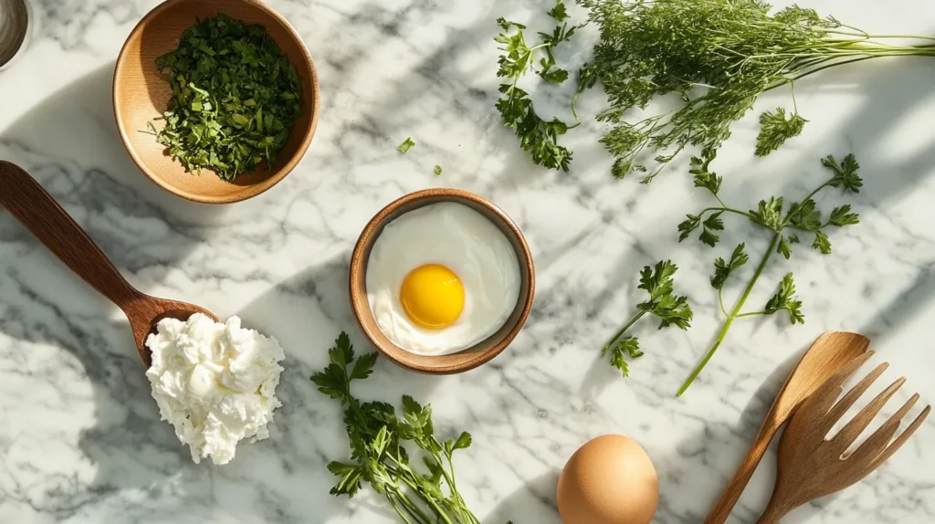 A flat-lay of fresh crab meat, egg yolks, heavy cream, and herbs, showcasing the essential ingredients for a crab brûlée recipe.