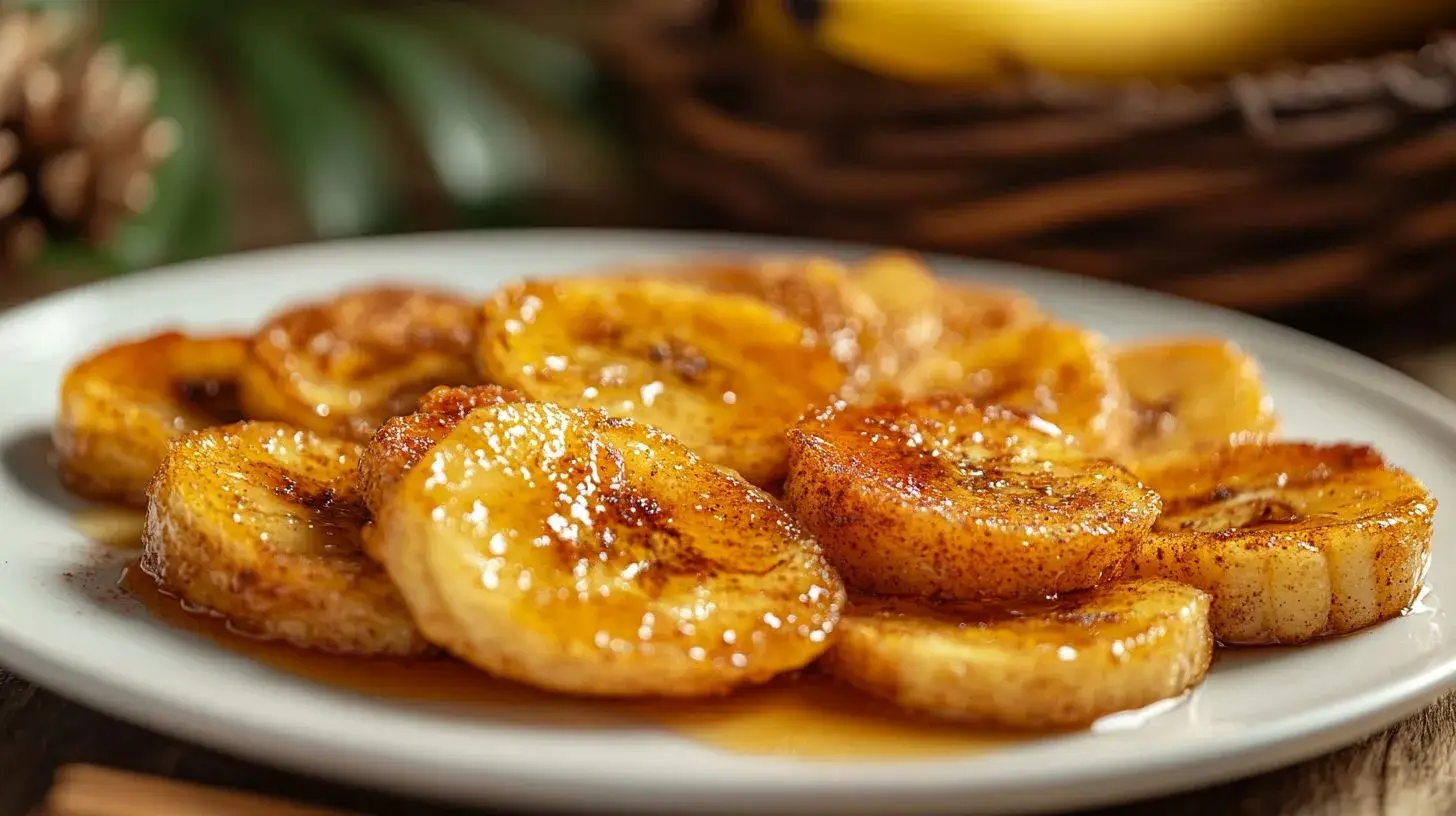 Golden-brown fried bananas drizzled with honey and cinnamon.