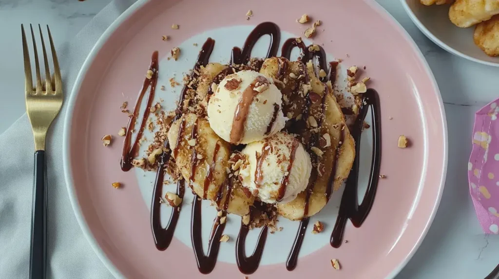 Fried bananas served with vanilla ice cream and chocolate drizzle.