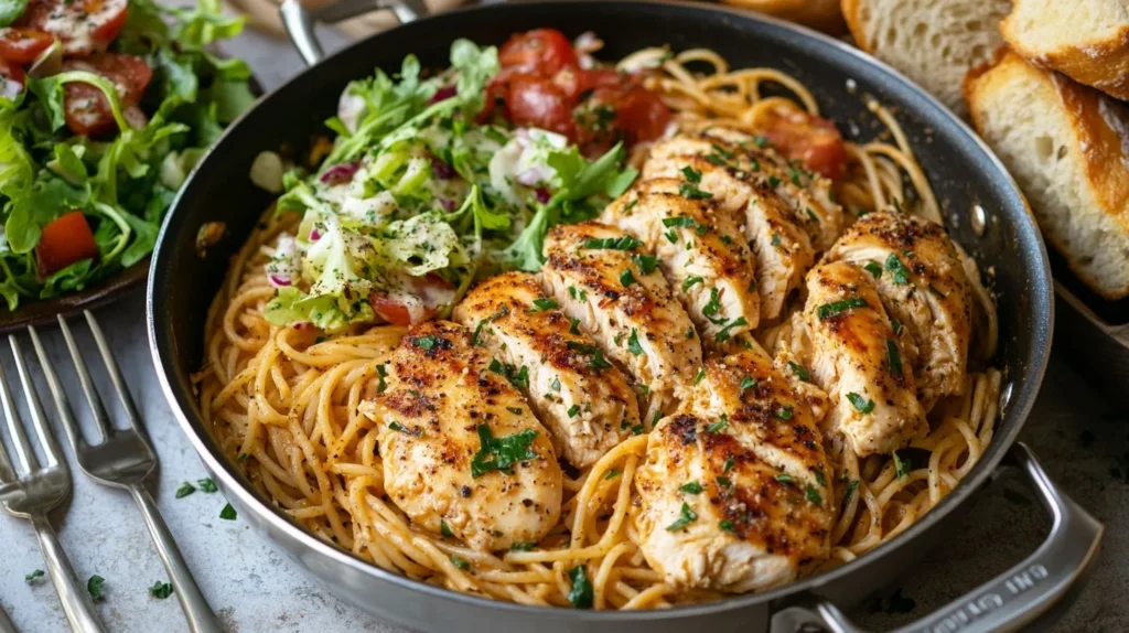 Family-style garlic parmesan chicken pasta served with sides.