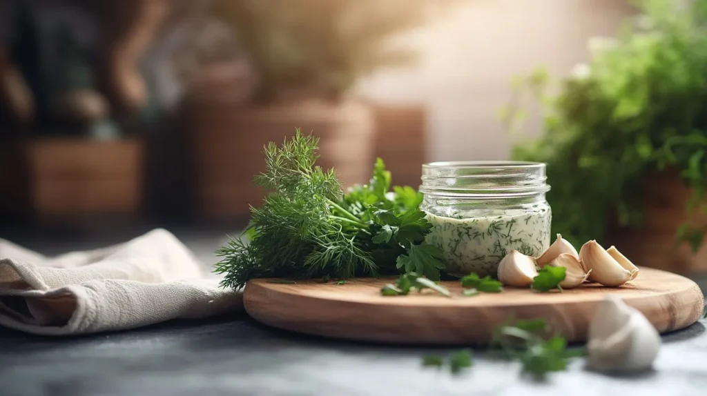 Creamy ranch dressing in a jar with fresh herbs.