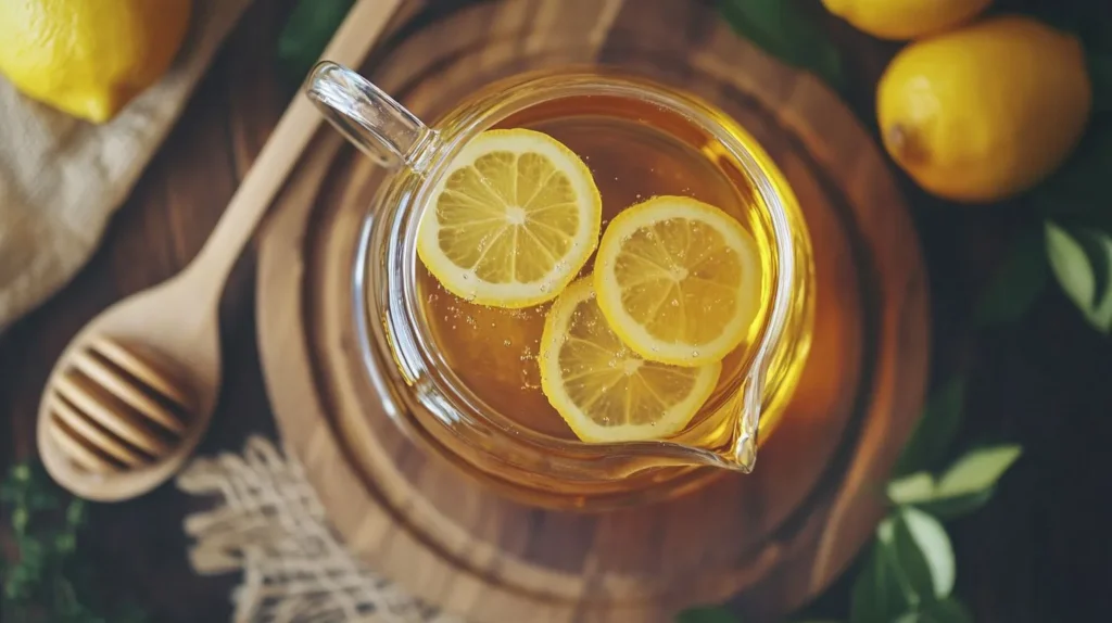 A teapot of freshly brewed lemon tea with honey and lemon slices.