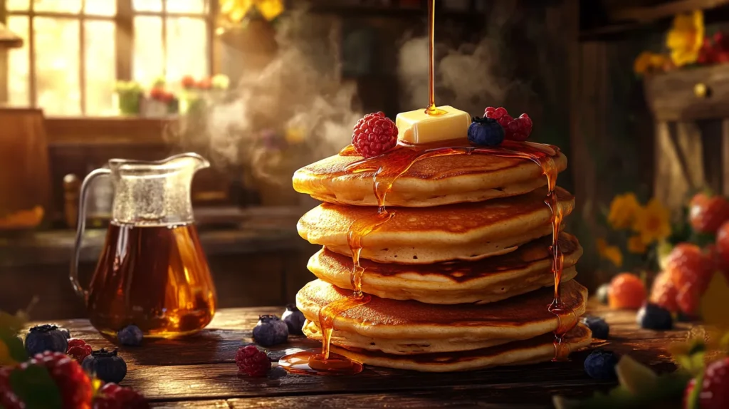 A stack of fluffy pancakes with butter and maple syrup on a rustic table.