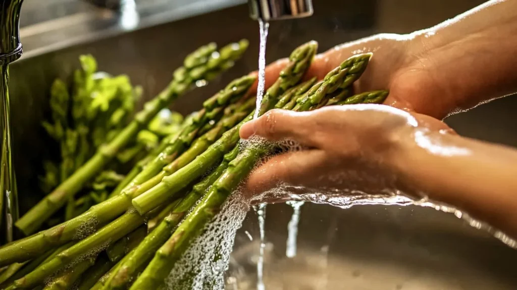 Washing and drying fresh asparagus before grilling