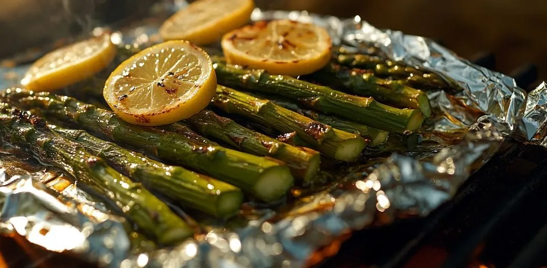 Grilled asparagus in foil with butter and seasoning