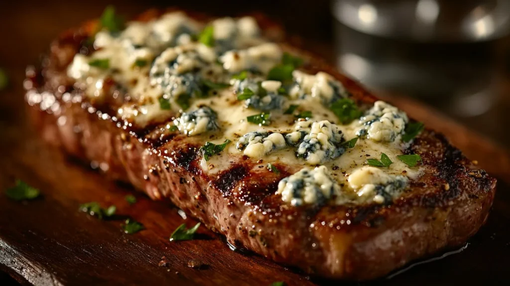 Grilled steak topped with melted blue cheese and fresh herbs.