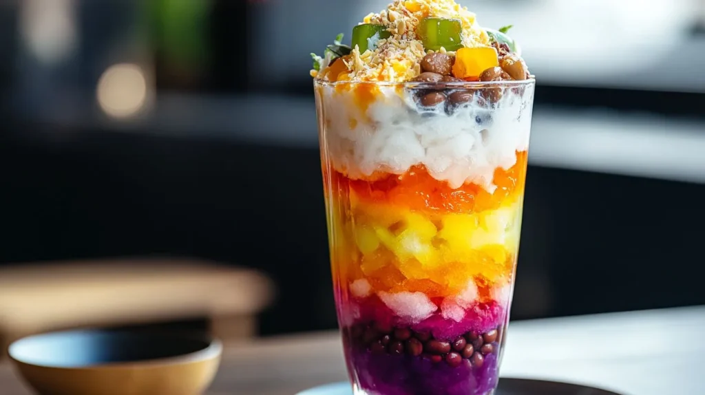 A vibrant halo-halo dessert from the Philippines, with colorful layers of shaved ice, jellies, sweetened beans, and condensed milk in a tall glass.