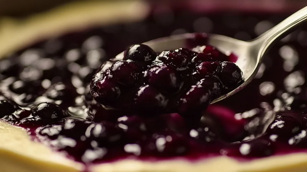 Adding blueberry compote on a freshly baked Lemon Blueberry Cheesecake.