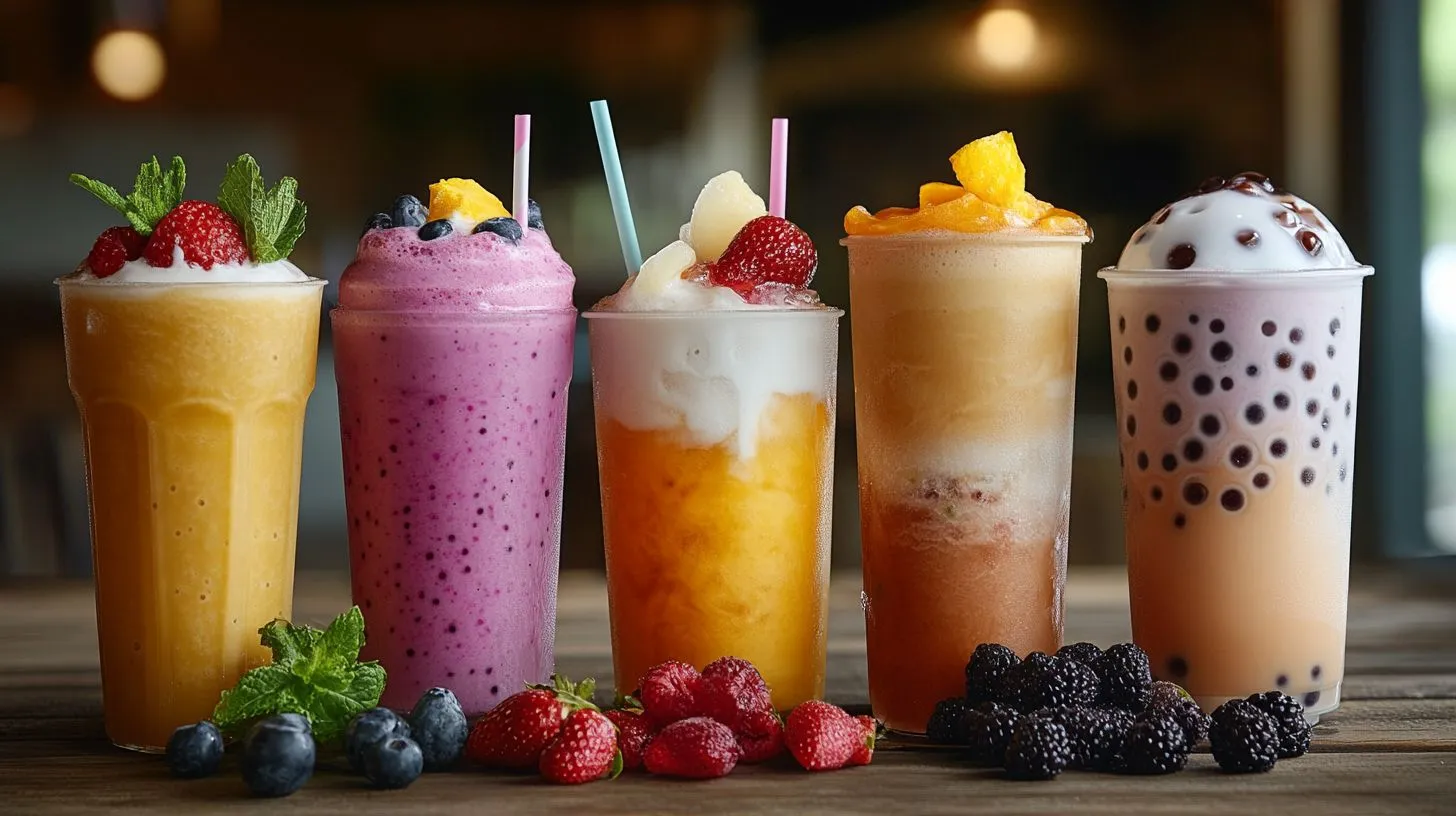 A colorful selection of ice drinks, including a tropical smoothie, a bubble tea, and a granita, displayed on a wooden table.