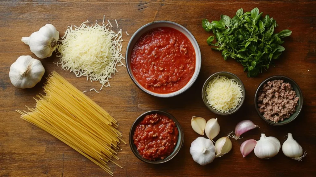 Ingredients for spaghetti casserole including raw spaghetti, marinara sauce, and cheese.