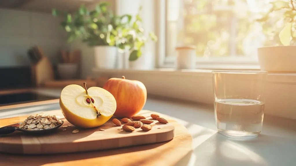 Freshly sliced apple with a balanced breakfast setup.