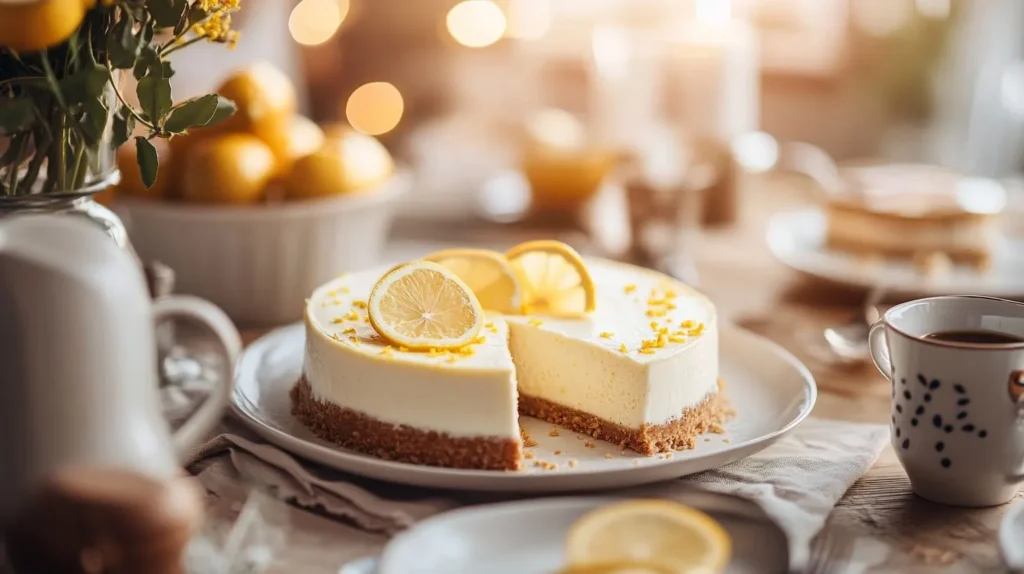 Elegant party table featuring a lemon cheesecake surrounded by coffee cups and soft lighting.