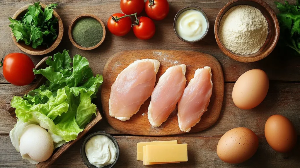 Ingredients for a chicken cutlet sandwich laid out on a kitchen counter.