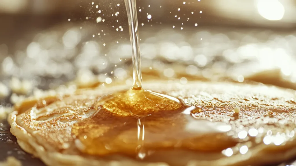 Pancake batter cooking on a griddle.