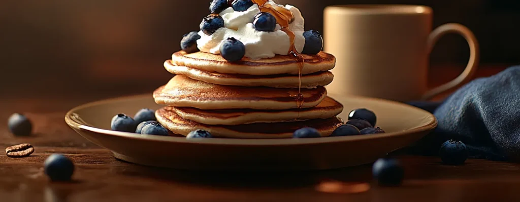 Pancakes served with whipped cream, fruit