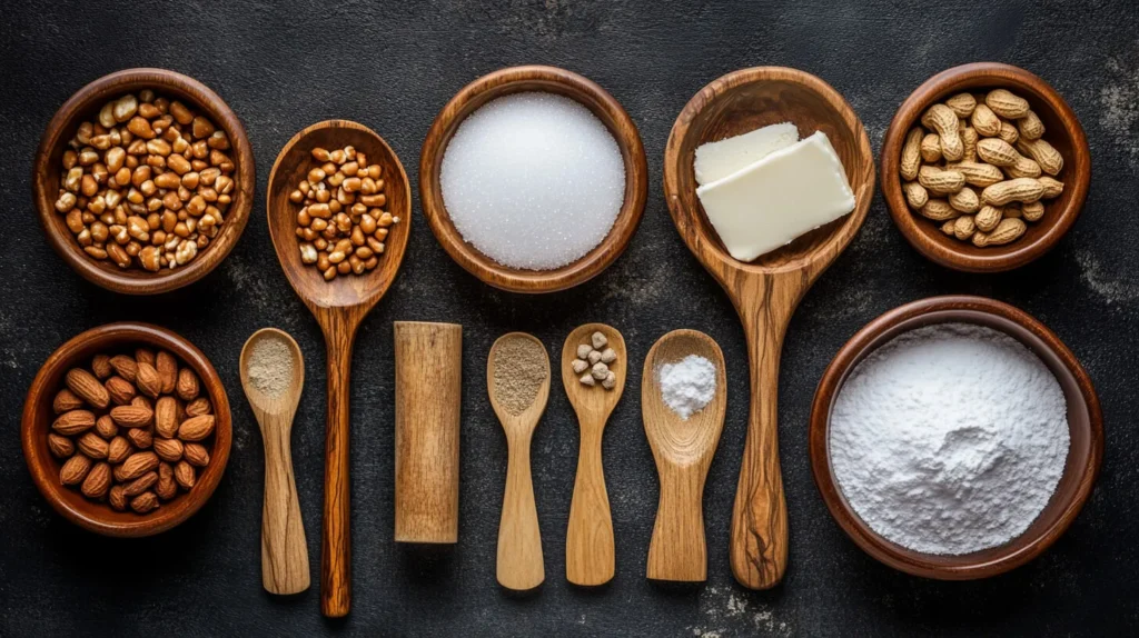 Ingredients for peanut brittle laid out on a dark countertop.