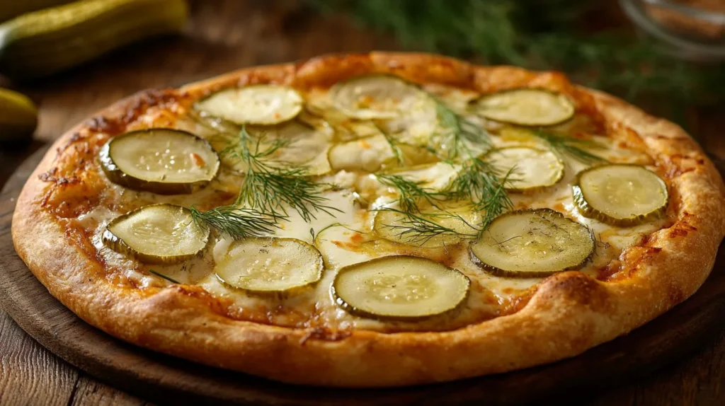 Freshly baked pickle pie pizza with dill pickles and cheese