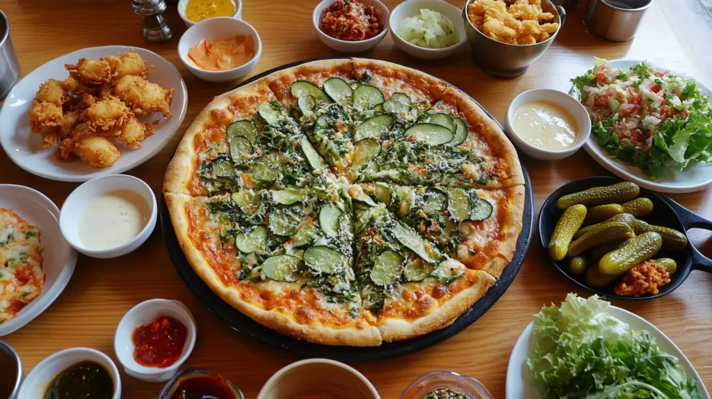 Pickle pie pizza served with garden salad and sides