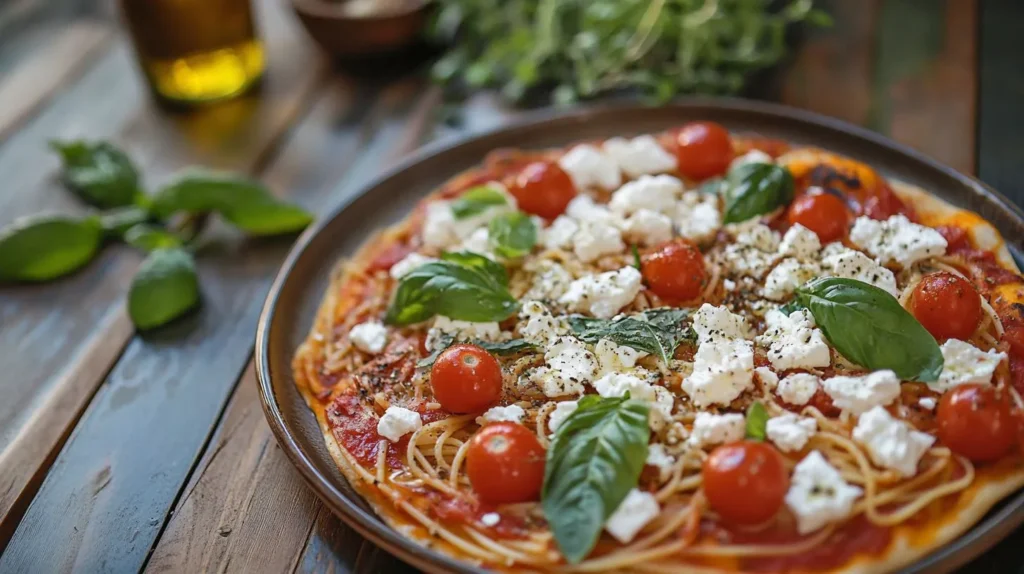 Spaghetti with feta garnished with basil and cherry tomatoes on a wooden table.