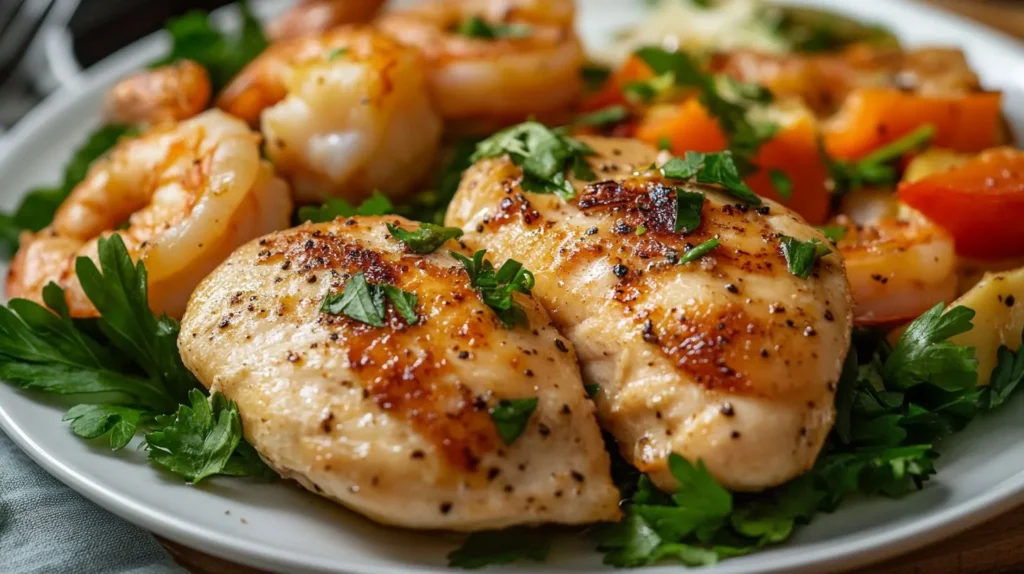 Delicious chicken and shrimp dish with vibrant vegetables and herbs, served on a white plate