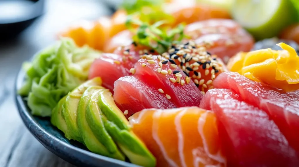 Close-up of a colorful rainbow roll sushi on a plate with garnishes.