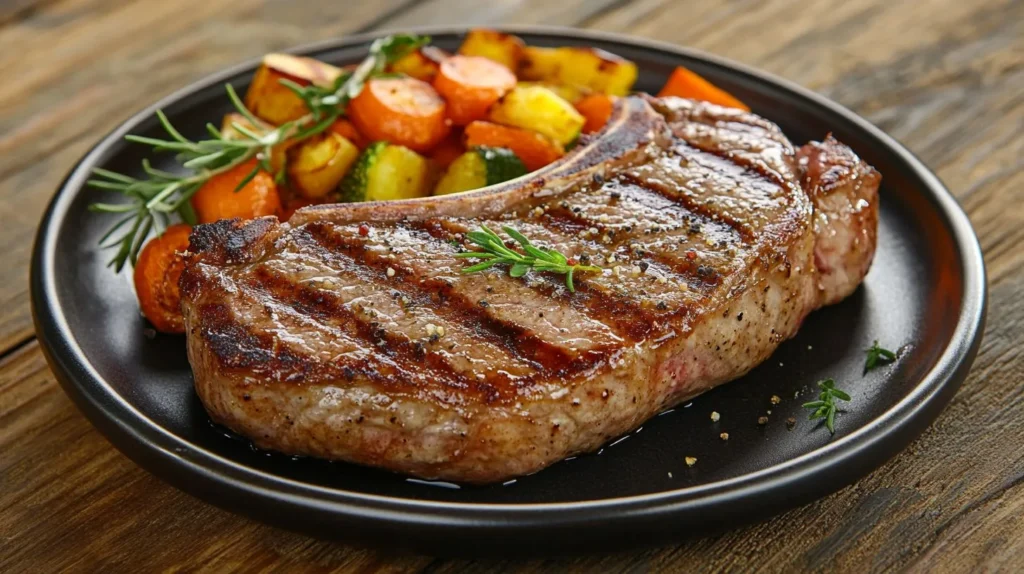 Perfectly plated well-done steak with roasted vegetables