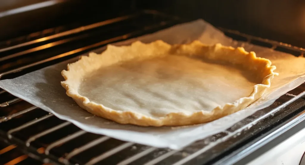 A pie crust being pre-baked with parchment paper lining and pie weights in place, inside a vintage-style oven with golden light highlighting the baking process