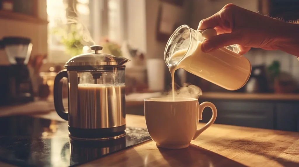 Making café au lait step-by-step with coffee and milk.