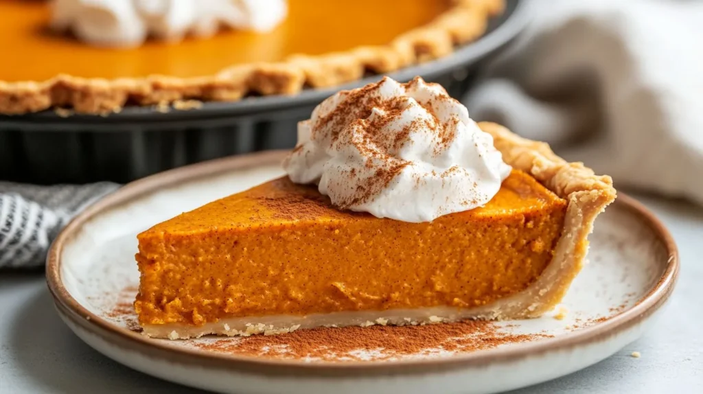 Slice of no-bake pumpkin pie with whipped cream