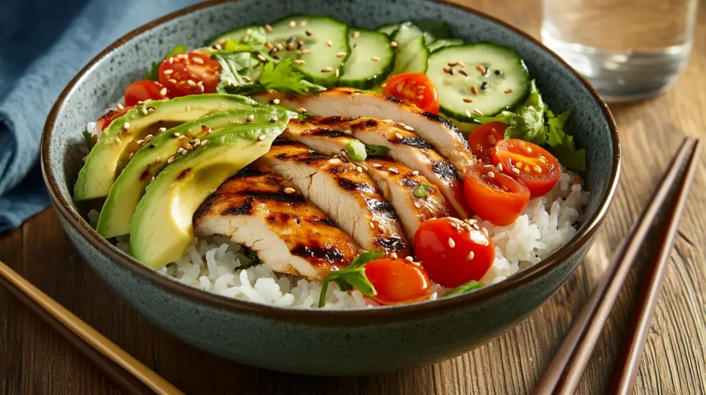 A vibrant rice bowl with colorful toppings.