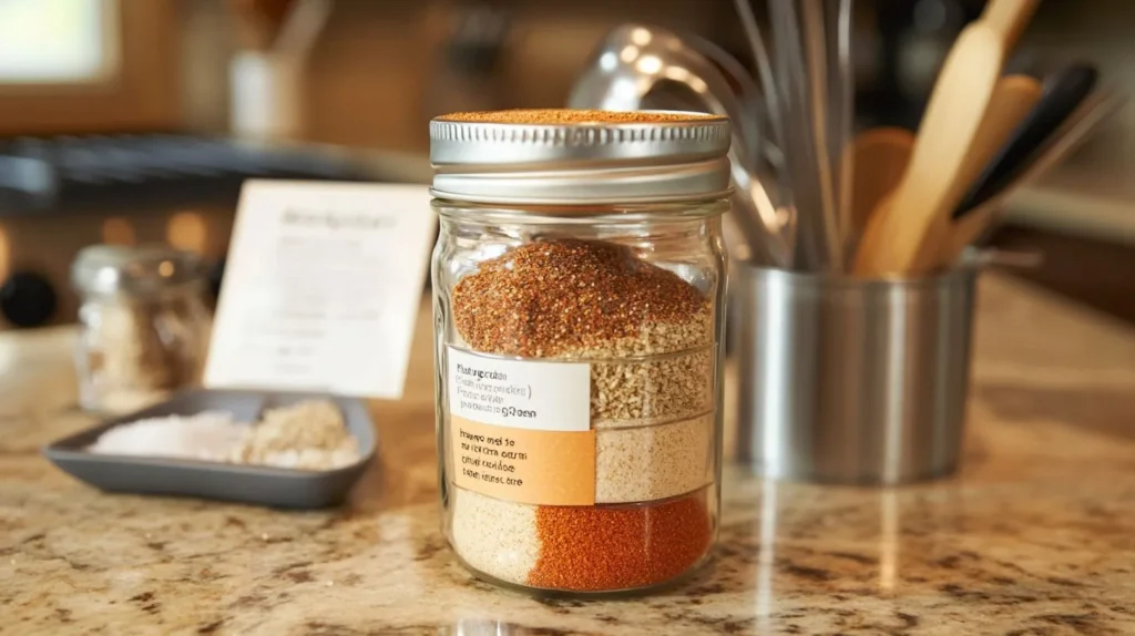 A jar of homemade steak and cheese seasoning with labeled ingredients.