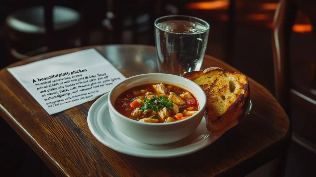 A serving of Marry Me Chicken Soup with toasted garlic bread and a glass of wine.