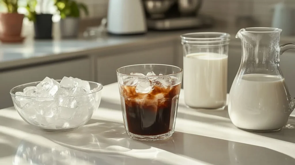 Ingredients for a homemade iced coffee, including freshly brewed coffee, ice cubes, milk, and a glass, arranged neatly on a kitchen counter.