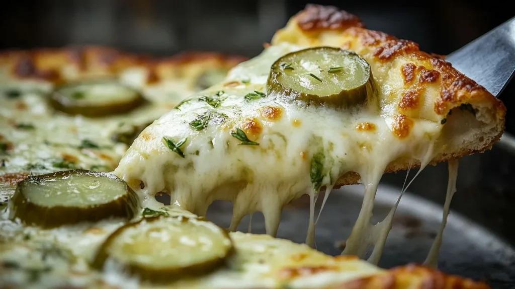 A slice of pickle pie pizza with melted cheese and pickles