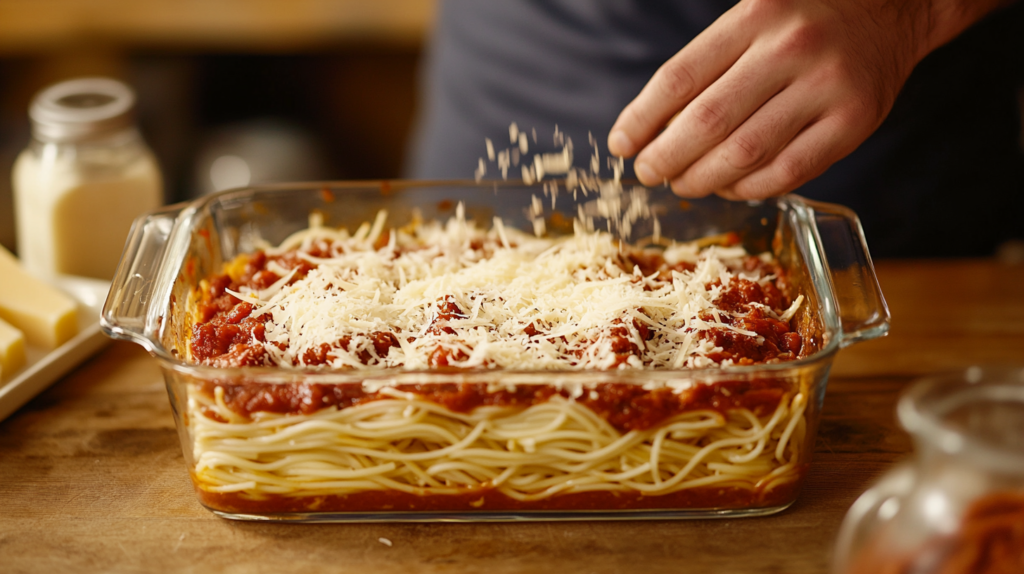 Step-by-step layering of spaghetti casserole in a glass baking dish.