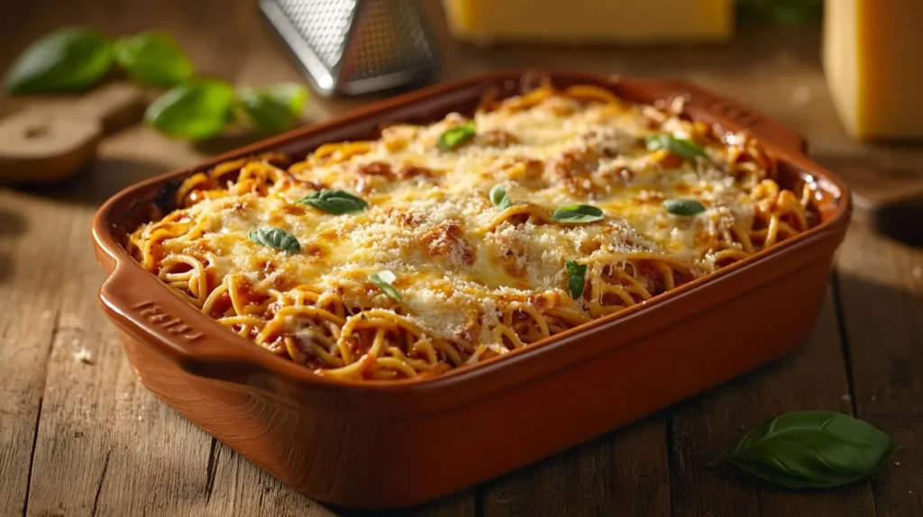 Cheesy spaghetti casserole in a baking dish with melted golden cheese on top