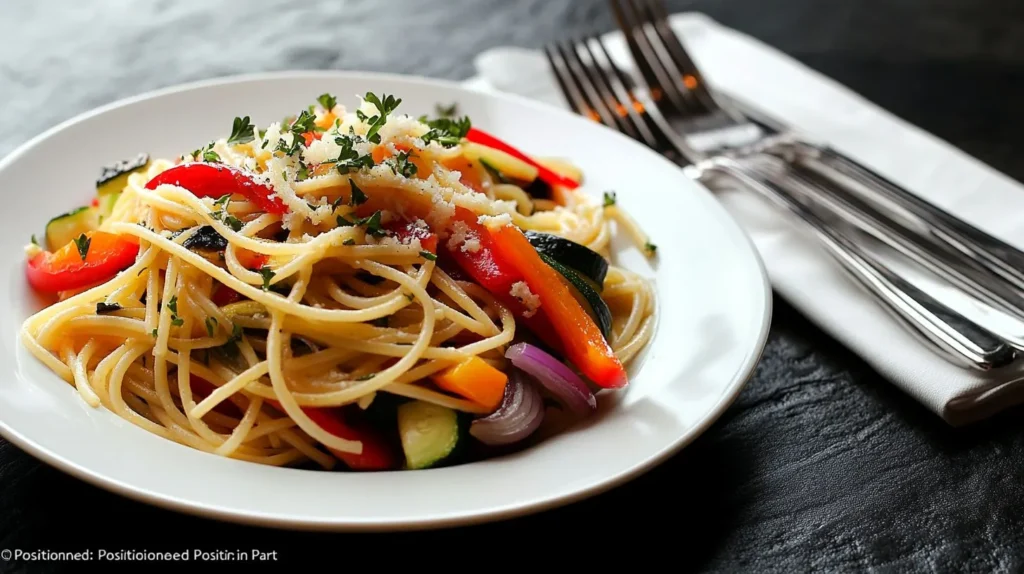 Spaghetti with feta and roasted vegetables, garnished with fresh herbs.