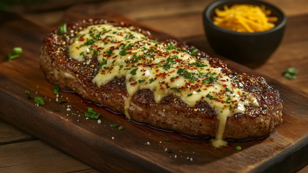 A seasoned steak topped with melted cheese on a wooden board.