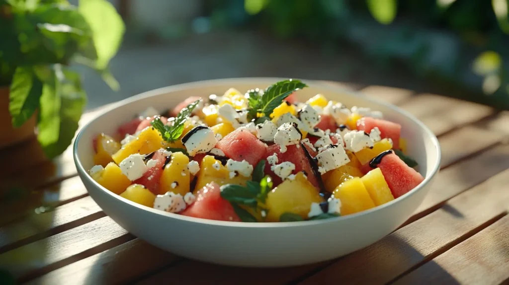 Summer salad with yellow watermelon and feta cheese.