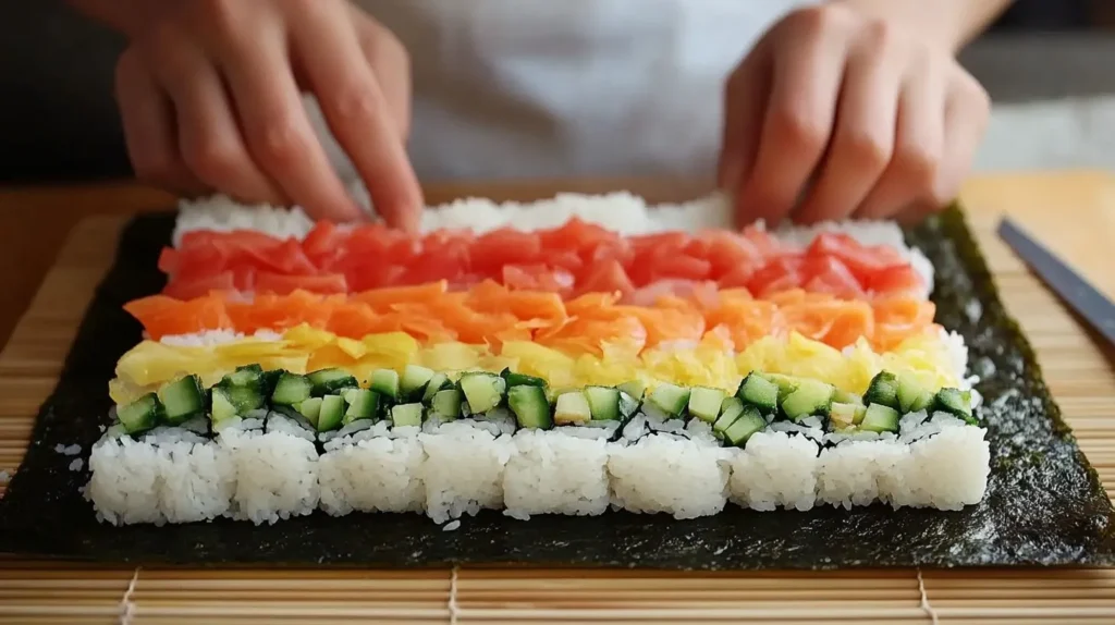 Chef rolling a rainbow roll with sushi rice, nori, and fillings.