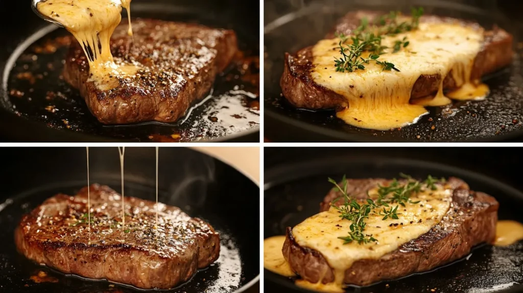 Cooking steps for making a cheese-topped steak at home.