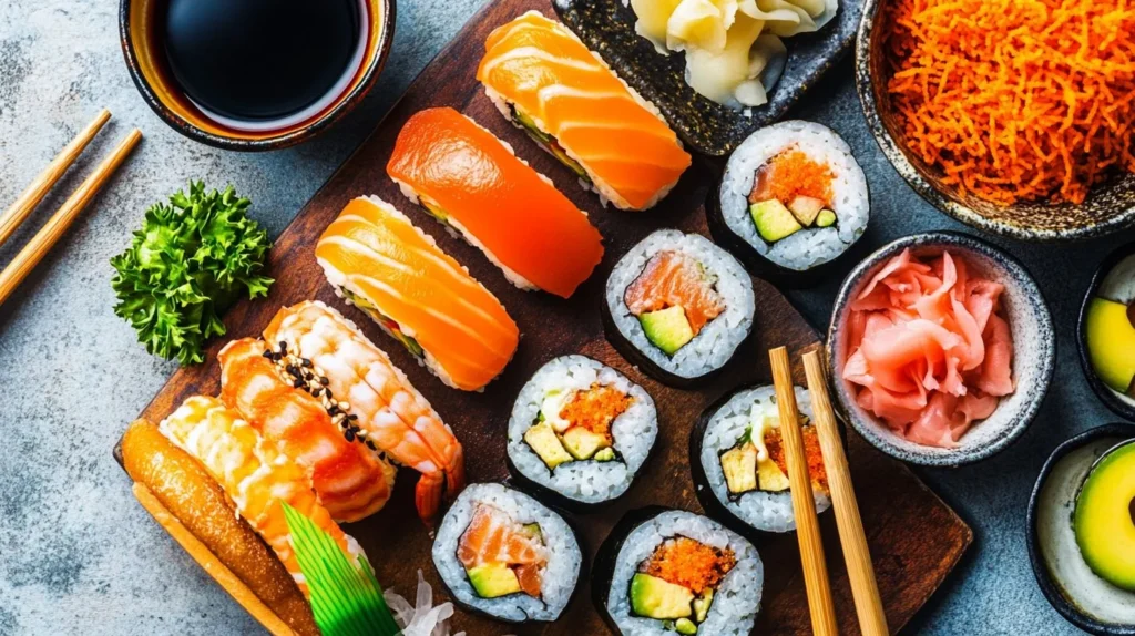 Rainbow roll and assorted sushi on a wooden board with garnishes.